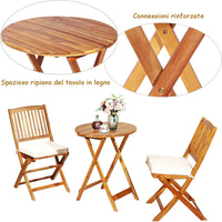 Set Tavolo e Sedie da Giardino, Set Mobili da Giardino Pieghevoli 3 Pezzi in Legno di Acacia, con Cuscini, Arredo Giardino per Giardino Terrazzo Balcone (Cuscini Beige)