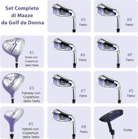 Set Completo di Mazze da Golf per Donna, con Driver 460CC 1, Fairway 3, Ibrido 5, Ferri 5, 6, 7, 8, 9, P e S, Putter e Borsa Portatile Leggera, Destrorso