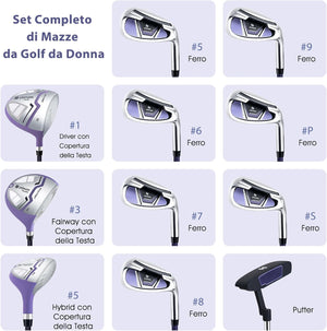 Set Completo di Mazze da Golf per Donna, con Driver 460CC 1, Fairway 3, Ibrido 5, Ferri 5, 6, 7, 8, 9, P e S, Putter e Borsa Portatile Leggera, Destrorso