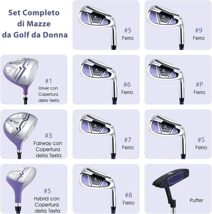 Set Completo di Mazze da Golf per Donna, con Driver 460CC 1, Fairway 3, Ibrido 5, Ferri 5, 6, 7, 8, 9, P e S, Putter e Borsa Portatile Leggera, Destrorso
