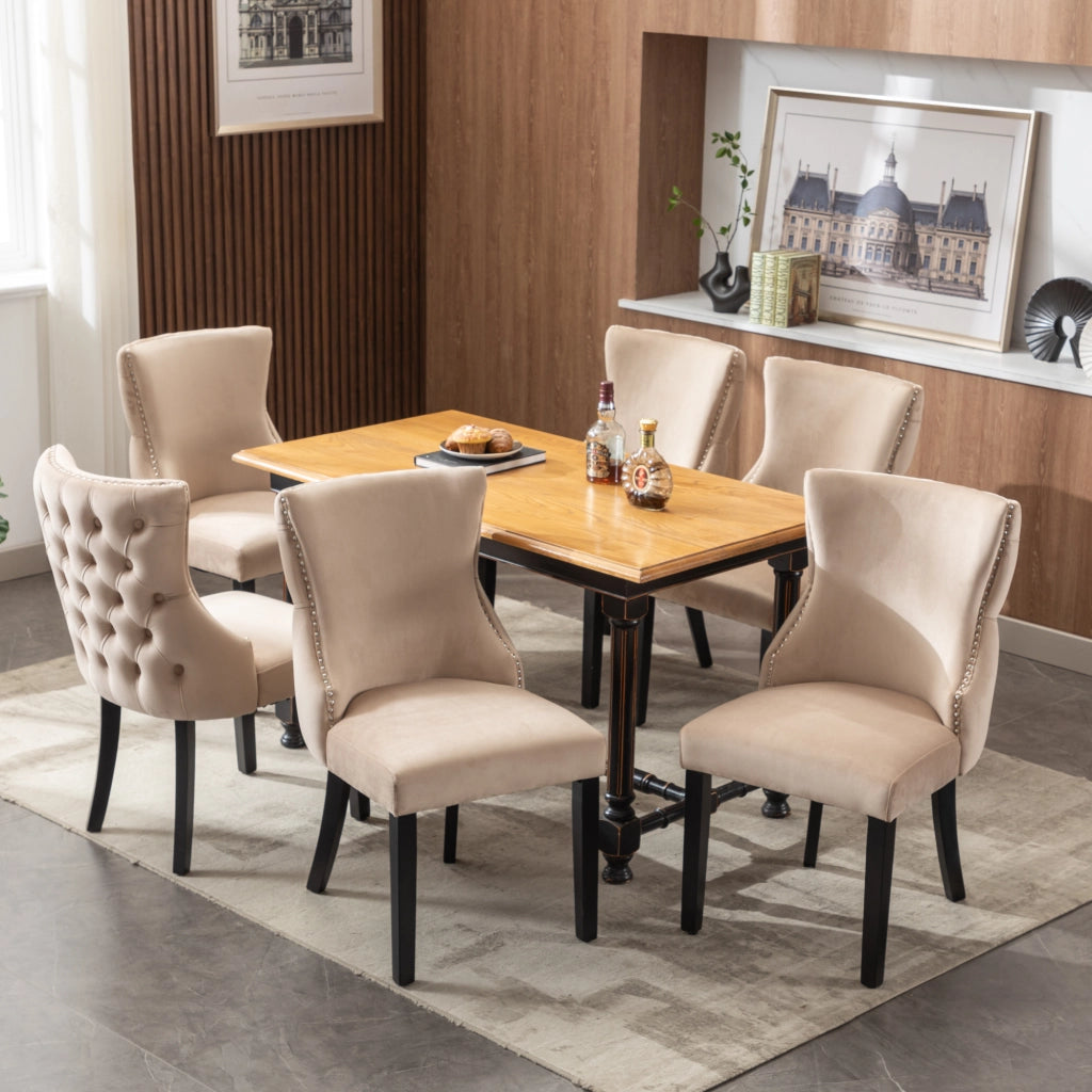 Sedie da Pranzo Imbottite in Velluto ¨C Xylo ¨C Beige, Gambe in Legno Massello, Set 6 Pezzi