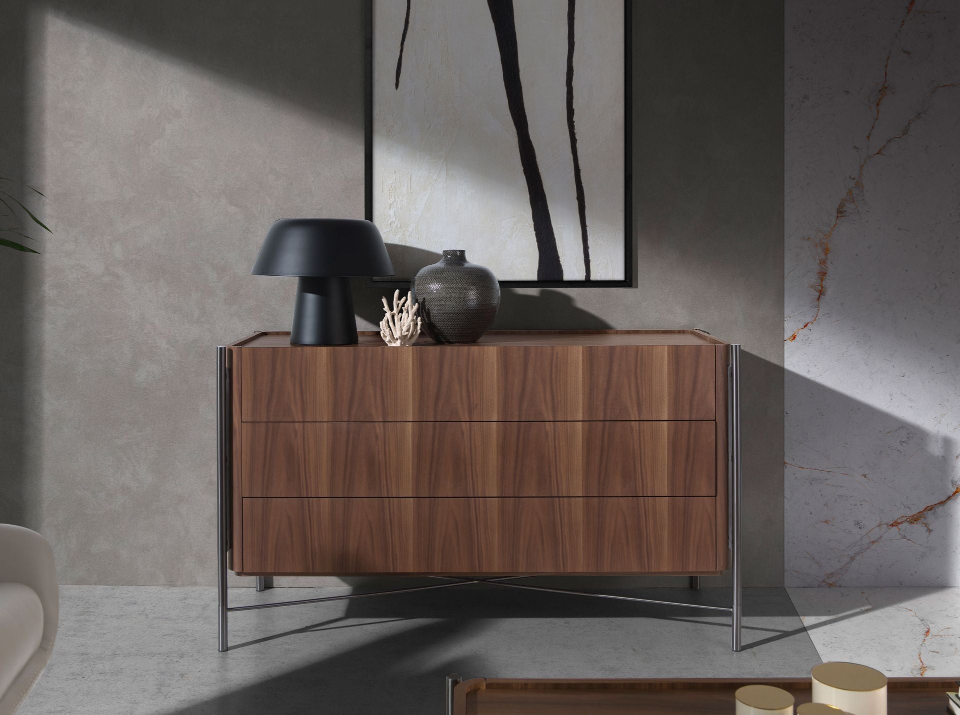 Cassettiera noce e acciaio scuro