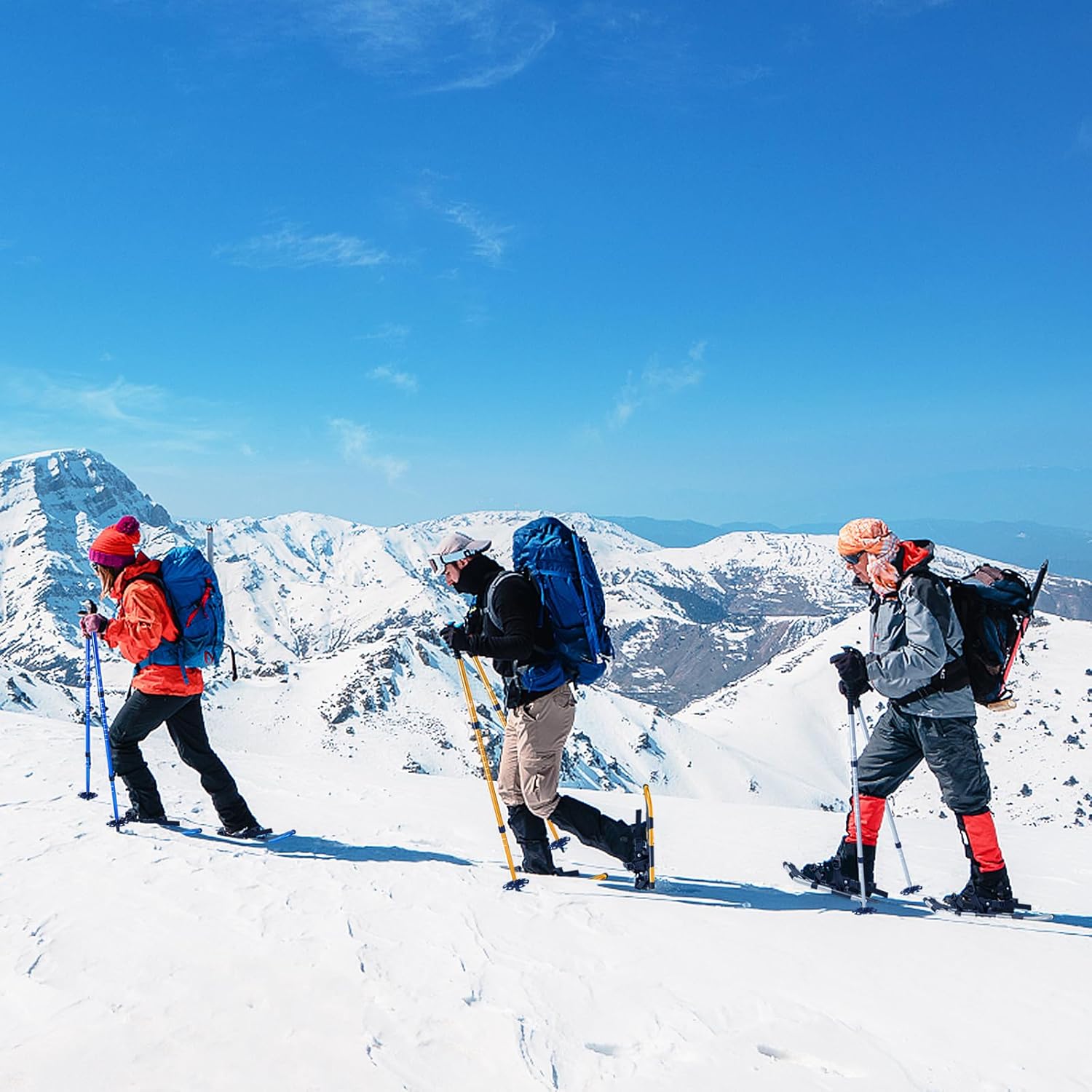Ciaspole da Neve 4 in 1 per Uomini, Donne e Ragazzi per Scarpe 35-45 in Alluminio con Sistema di Perno Flessibile Doppio, Bastoncini Regolabili e Borsa, Adatte per 30-130 kg
