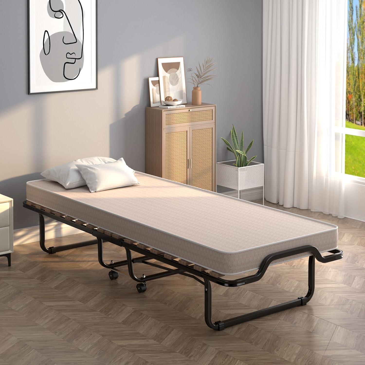 Letto Brandina Pieghevole, con Materasso in Memory Foam, Struttura Resistente e 4 Ruote Girevoli, Lettino Pieghevole, 200 x 80 x 40cm, Made in Italy (Beige)