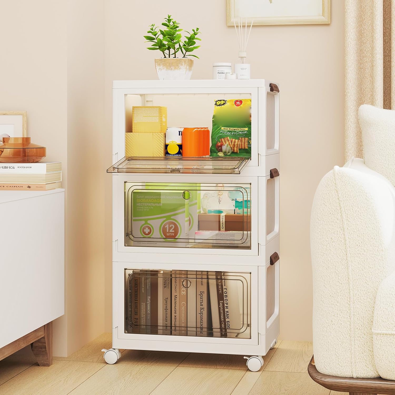 Set da 3 Contenitori Impilabili, Scatole Pieghevoli da 75/105 L con Ruote Bloccabili Porta e Coperchio, Organizzatori per Armadio, Multiuso per Casa Dormitorio (48 x 34 x 82 cm)