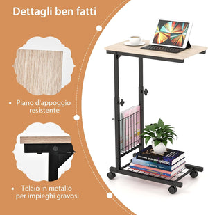 Tavolino da Salotto Moderno, Tavolino Basso Regolabile in Altezza con Ruote e Cestino Portaoggetti, Tavolino Porta PC a Forma di C da Divano e Letto per Soggiorno e Camera da Letto (Naturale)