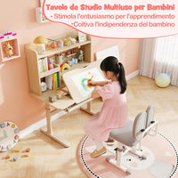 Scrivania per Bambini 3+ Anni, Tavolo da Studio Regolabile in Altezza con Libreria e Cassetto, Piano Inclinabile, Mensole, Leggio e Portapenne, Scrivania per Studiare (Giallo)