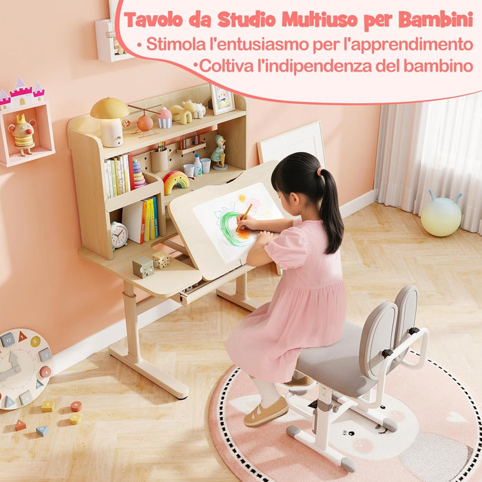 Scrivania per Bambini 3+ Anni, Tavolo da Studio Regolabile in Altezza con Libreria e Cassetto, Piano Inclinabile, Mensole, Leggio e Portapenne, Scrivania per Studiare (Giallo)
