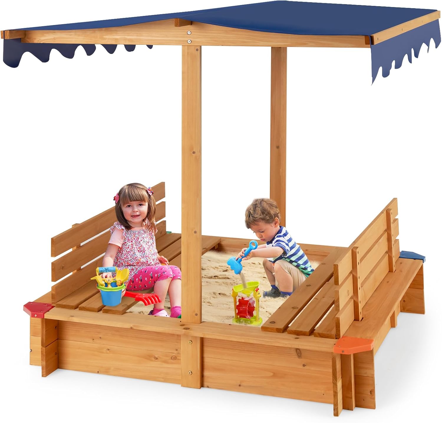Sabbiera per Bambini in Legno con Tendina, Senza Fondo con 2 Panche Convertibili e Angoli Protettivi, Adatto per Cortile Prato Giardino Spiaggia, 121x121x121 cm