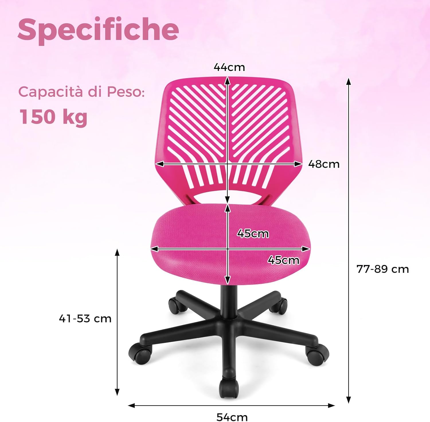 Sedia da Scrivania Ergonomica per Bambini, Sedia per Computer in Rete per Bambini con Ruote Universali, Regolabile in Altezza, Senza Braccioli, Sedia da Studio per Bambini(Rosa)