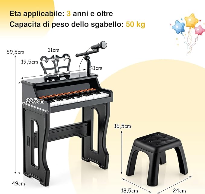 Set Pianoforte Elettrico per Bambini a 37 Tasti, Tastiera Digitale con Microfono Regolabile, Supporto per Spartiti Rimovibile, Funzioni di Record e Playback, per Bambini 3+ Anni (Nero)