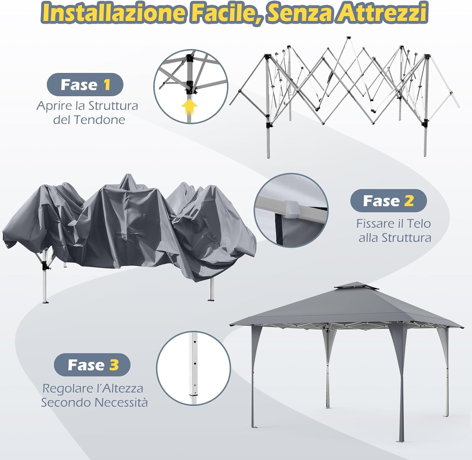 Tenda Pop-up Esterno 4x4 m Doppio Tetto, Gazebo da Giardino Altezza Regolabile con Fori di Drenaggio, Tenda da Giardino Antivento Facile da Montare con Borsa di Trasporto (Grigio)