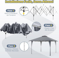 Tenda Pop-up Esterno 4x4 m Doppio Tetto, Gazebo da Giardino Altezza Regolabile con Fori di Drenaggio, Tenda da Giardino Antivento Facile da Montare con Borsa di Trasporto (Grigio)