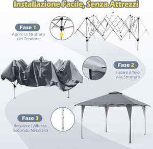 Tenda Pop-up Esterno 4x4 m Doppio Tetto, Gazebo da Giardino Altezza Regolabile con Fori di Drenaggio, Tenda da Giardino Antivento Facile da Montare con Borsa di Trasporto (Grigio)