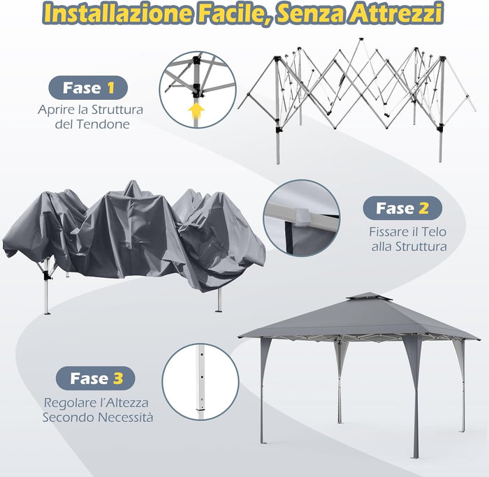 Tenda Pop-up Esterno 4x4 m Doppio Tetto, Gazebo da Giardino Altezza Regolabile con Fori di Drenaggio, Tenda da Giardino Antivento Facile da Montare con Borsa di Trasporto (Grigio)