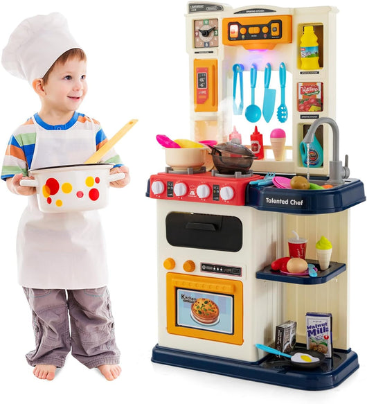 65 Pezzi Cucina Giocattolo per Bambini, Mini Cucina con Finto Vapore Cappa Aspirante, Rubinetto con Acqua Corrente, Canzoni, Luci e Suoni Realistici, 3 Anni+, 45 x 26 x 79 cm (Blu)