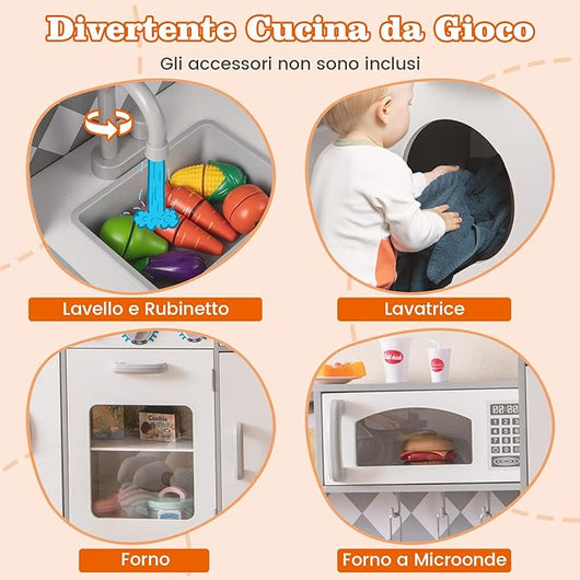 Cucina Giocattolo per Bambini, Cucina per Bambini in Legno con Forno, Microonde, Macchina del Ghiaccio, Lavatrice, Lavello e Rubinetto, Con Suoni e Luci Reali, per Bambini 3+ Anni