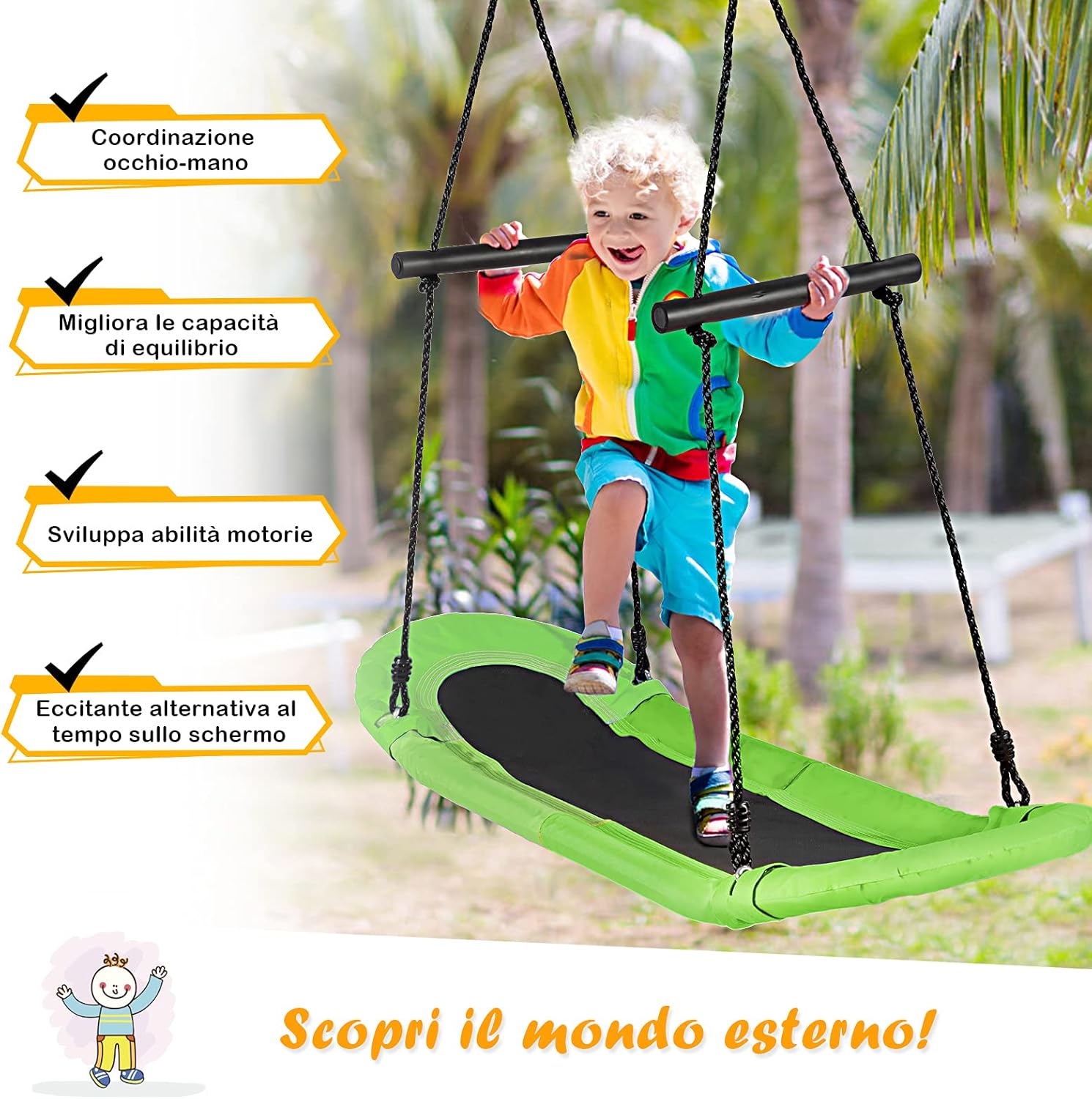 Altalena da Giardino Per Bambini, Altalena Ovale da Albero, con Maniglie, per Esterno, Portata Max. 150 kg (Verde)