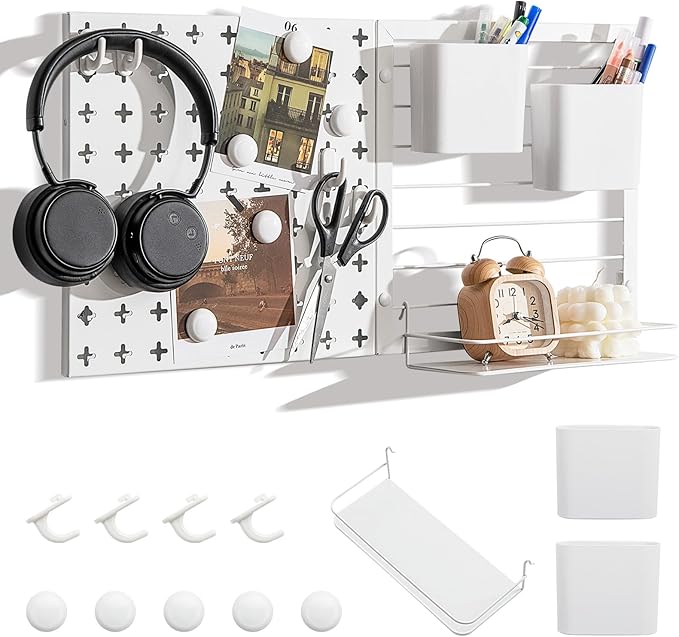 Kit 2 Pannelli Portaoggetti da Parete con Mensola Portaoggetti, Kit Combinato di Pannelli Forati, Contenitori Magneti e Ganci, Pannelli Forati Portautensili da Parete, 30,5x30,5 cm