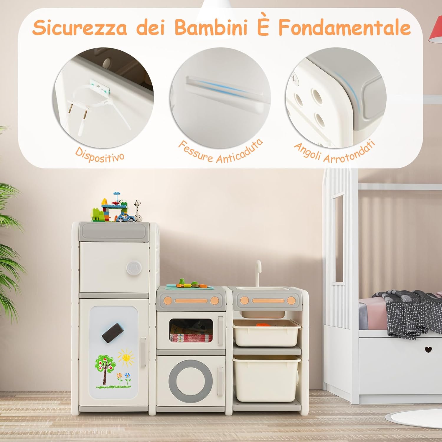 Mobile Porta Giochi per Bambini, Scaffale e Libreria Giochi Multiuso con Lavagna Magnetica Lavello e Rubinetto Rimovibili, Ante e Contenitori, Mobile per Bambini con Pennarelli e Cancellino