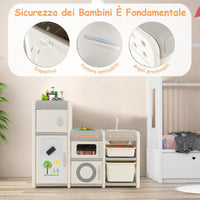 Mobile Porta Giochi per Bambini, Scaffale e Libreria Giochi Multiuso con Lavagna Magnetica Lavello e Rubinetto Rimovibili, Ante e Contenitori, Mobile per Bambini con Pennarelli e Cancellino