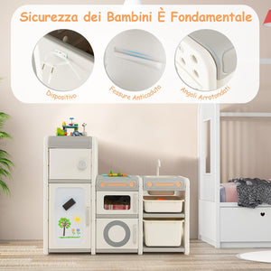 Mobile Porta Giochi per Bambini, Scaffale e Libreria Giochi Multiuso con Lavagna Magnetica Lavello e Rubinetto Rimovibili, Ante e Contenitori, Mobile per Bambini con Pennarelli e Cancellino