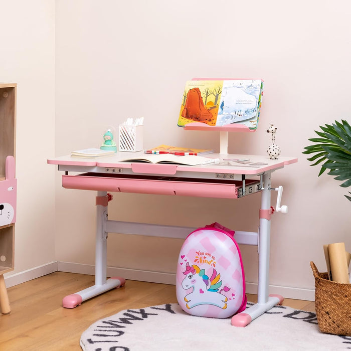 Scrivania per Bambini, Tavolo per Studenti con Regolabile in Altezza, con Piano Ribaltabile, Libreria, Cassetti e Righello di Misurazione, Ergonomica, Ideale per Bambini 3-12 Anni (Pink)
