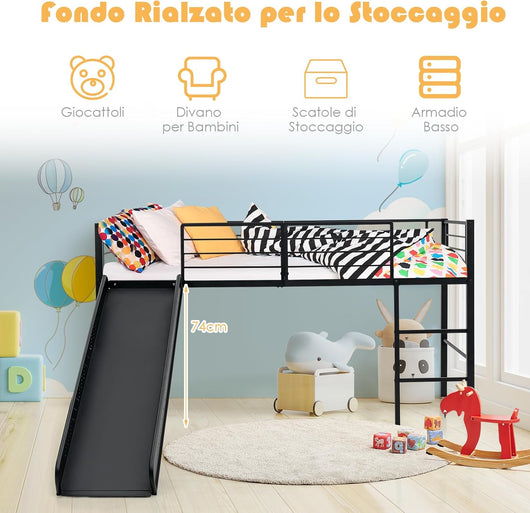 Letto Singolo a Soppalco, Struttura Letto con 4 Barriere di Sicurezza, Scala a 2 Gradini e Scivolo, Mini Struttura del Letto per Bambini, Capacità di Carico 150 kg (Nero)