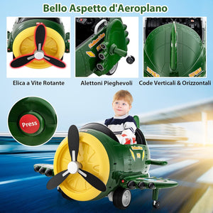Macchina Elettrica a Forma di Aereo per Bambini, Aeroplano Elettrico Cavalcabile con Telecomando Alare Pieghevole e Elica Rotante, Cruscotto Illuminato, per Bambini 3 Anni+ (Verde)