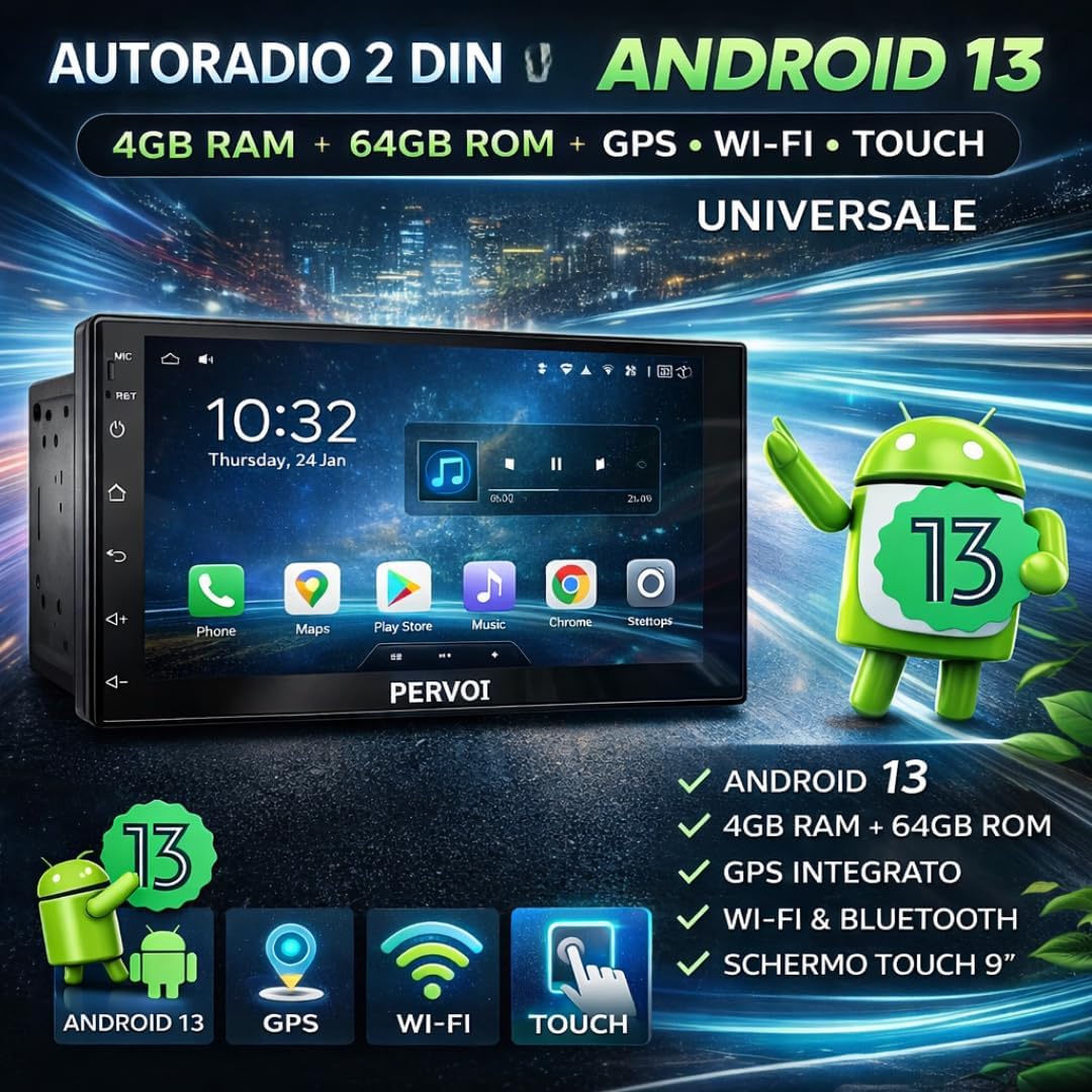 Autoradio 2 DIN 7" Touchscreen HD, Apple CarPlay e Android Auto Wireless, Bluetooth, Controllo Volante, Universale con Telecamera Retromarcia Inclusa