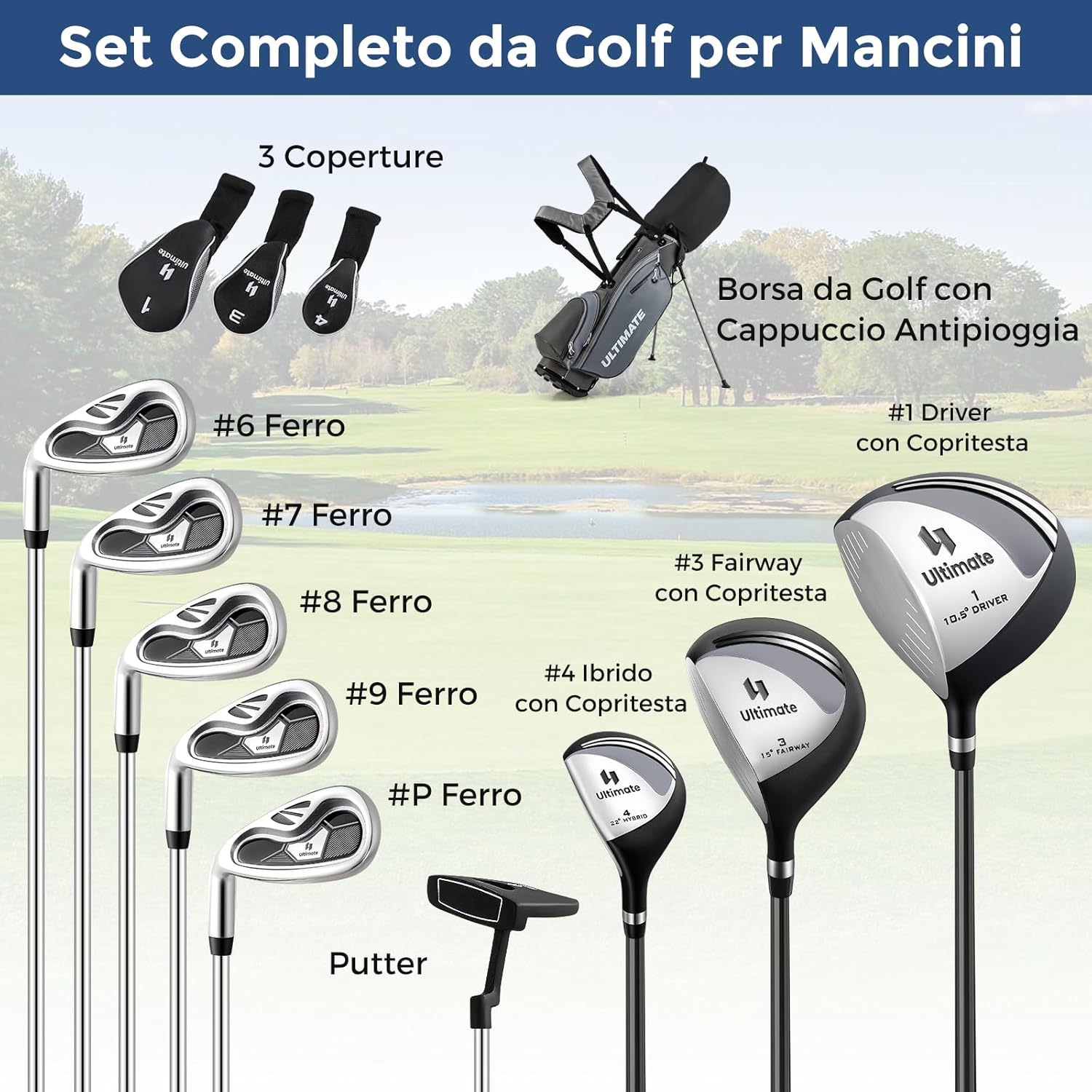 Set Completo di Mazze da Golf per Mancini da Uomo, Borsa Portatile con Supporto e Cappuccio Antipioggia, Include Driver 1 da 460CC, Fairway 3, Ibrido 4, Ferri 6, 7, 8, 9, P e Putter (Grigio)