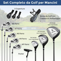 Set Completo di Mazze da Golf per Mancini da Uomo, Borsa Portatile con Supporto e Cappuccio Antipioggia, Include Driver 1 da 460CC, Fairway 3, Ibrido 4, Ferri 6, 7, 8, 9, P e Putter (Grigio)