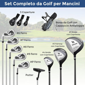 Set Completo di Mazze da Golf per Mancini da Uomo, Borsa Portatile con Supporto e Cappuccio Antipioggia, Include Driver 1 da 460CC, Fairway 3, Ibrido 4, Ferri 6, 7, 8, 9, P e Putter (Grigio)