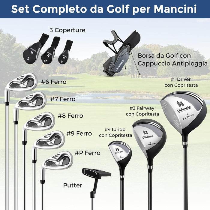 Set Completo di Mazze da Golf per Mancini da Uomo, Borsa Portatile con Supporto e Cappuccio Antipioggia, Include Driver 1 da 460CC, Fairway 3, Ibrido 4, Ferri 6, 7, 8, 9, P e Putter (Grigio)