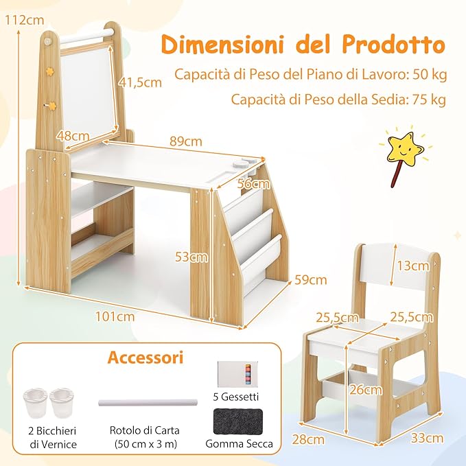 Set Tavolo e Sedia per Bambini, Tavolo in Materiale Sicuro con Lavagna e Sedia, Lavagna Bianca, Rotolo di Carta, 2 Ripiani Aperti e Libreria a 2 Ripiani, Ideale per Disegno (Naturale)