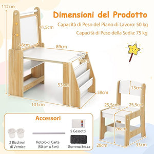 Set Tavolo e Sedia per Bambini, Tavolo in Materiale Sicuro con Lavagna e Sedia, Lavagna Bianca, Rotolo di Carta, 2 Ripiani Aperti e Libreria a 2 Ripiani, Ideale per Disegno (Naturale)