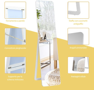 Specchiera da Terra Autoportante a Figura Intera, Specchio Rettangolare, Bianco 160x37cm