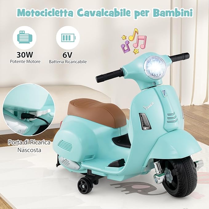 Moto Elettrica per Bambini, 6V Mini Moto per Bambini 18-36 Mesi, con Licenza Ufficiale Vespa, con Luci a LED e Suoni di Clacson, Portata 25 kg, 2 Ruote di Allenamento, 2,5 km/h (Blu)