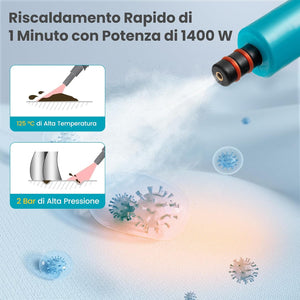 1500W Pulitore a Vapore Portatile, Macchina a Vapore con Serbatoio d'Acqua da 400 ml Blocco per Bambini e Kit di Accessori da 14 Pezzi, 33x13x24,5 cm (Blu)