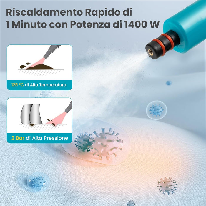 1500W Pulitore a Vapore Portatile, Macchina a Vapore con Serbatoio d'Acqua da 400 ml Blocco per Bambini e Kit di Accessori da 14 Pezzi, 33x13x24,5 cm (Blu)