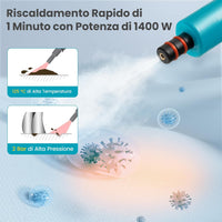 1500W Pulitore a Vapore Portatile, Macchina a Vapore con Serbatoio d'Acqua da 400 ml Blocco per Bambini e Kit di Accessori da 14 Pezzi, 33x13x24,5 cm (Blu)