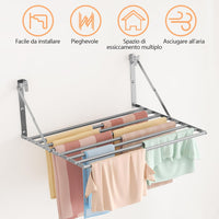 Stendibiancheria da Parete Pieghevole Antiruggine Resistente Stendino da Esterno o Interni, Salvaspazio Stendino per Balcone Bagn, con 8 Asticelle, 60cm