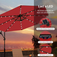 Ombrellone da Giardino ∅300 cm con 32 Luci LED, Ombrellone Prendisole con Rotazione di 360°, Inclinazione Regolabile, 8 Stecche, Manovella, per Giardino Piscina Cortile (Borgogna)