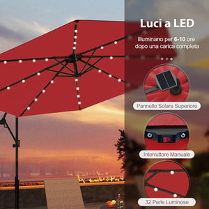 Ombrellone da Giardino ∅300 cm con 32 Luci LED, Ombrellone Prendisole con Rotazione di 360°, Inclinazione Regolabile, 8 Stecche, Manovella, per Giardino Piscina Cortile (Borgogna)