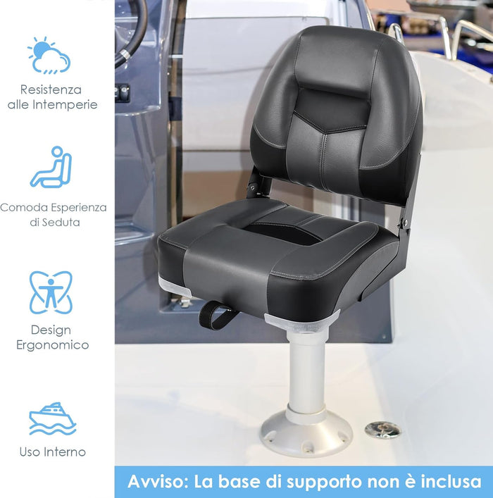 Set di 2 Sedie da Barca, Sedie per Barca Con Schienale Basso, Sedia da Barca Pieghevole, con Schiuma Spessa, Cinghia di Fissaggio, 50 x 42 x 52 cm (Grigio+Nero)
