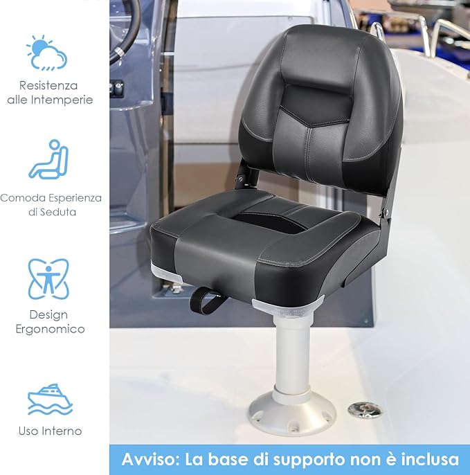 Set di 2 Sedie da Barca, Sedie per Barca Con Schienale Basso, Sedia da Barca Pieghevole, con Schiuma Spessa, Cinghia di Fissaggio, 50 x 42 x 52 cm (Grigio+Nero)