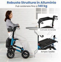 Deambulatore Pieghevole per Anziani in Alluminio, Rollator Regolabile in Altezza con Seduta, Schienale e Freni, Girello per Anziani con Borsetta, Carico Massimo 140 kg (Blu)