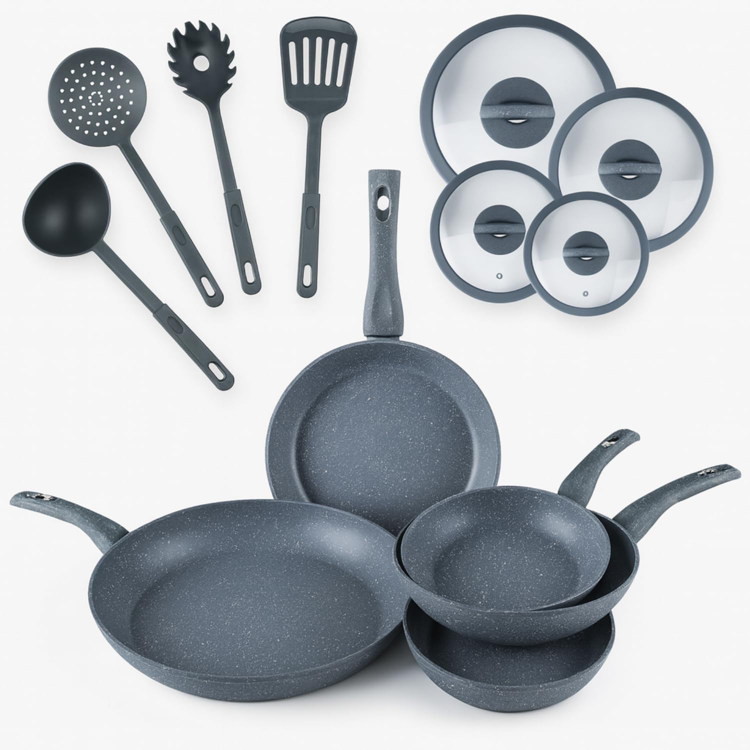 Set di Padelle con Coperchi 12 Pezzi, Induzione Manico Resistente al Calore, Granito e Marmo, Padelle Antiaderente, 20/24/28/32 cm + 4 Mestoli Inclusi.