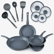 Set di Padelle con Coperchi 12 Pezzi, Induzione Manico Resistente al Calore, Granito e Marmo, Padelle Antiaderente, 20/24/28/32 cm + 4 Mestoli Inclusi.
