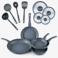 Set di Padelle con Coperchi 12 Pezzi, Induzione Manico Resistente al Calore, Granito e Marmo, Padelle Antiaderente, 20/24/28/32 cm + 4 Mestoli Inclusi.